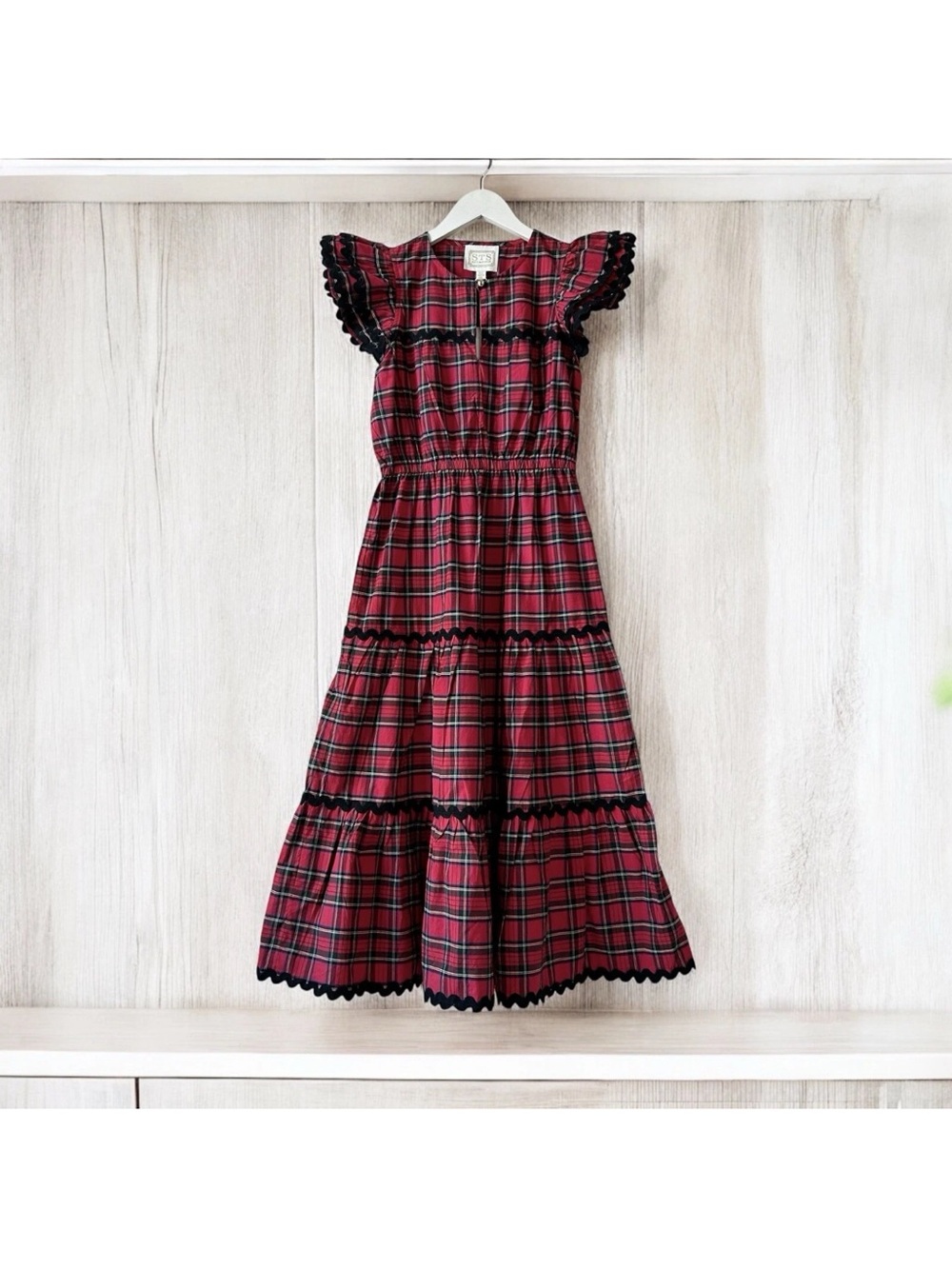 Sail to Sable Women's Red Plaid Tiered Dress with Black Trim